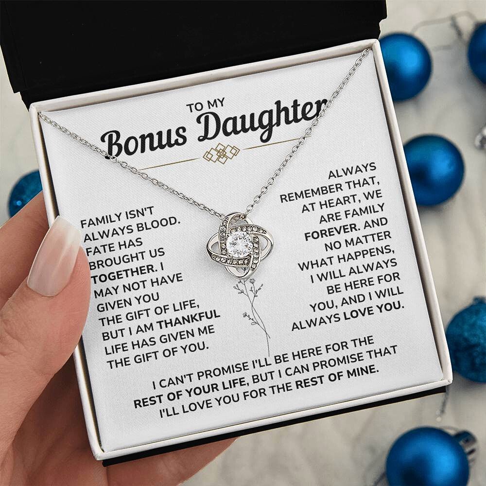 To My Bonus Daughter - "My Family Forever" Love Knot Necklace Gift Set