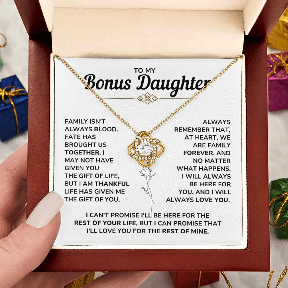 To My Bonus Daughter - "My Family Forever" Love Knot Necklace Gift Set