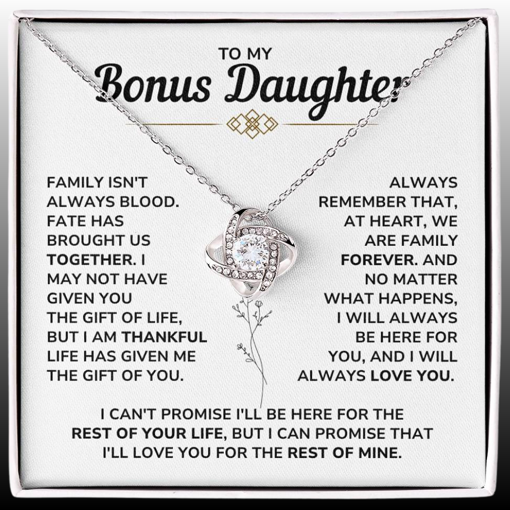To My Bonus Daughter - "My Family Forever" Love Knot Necklace Gift Set