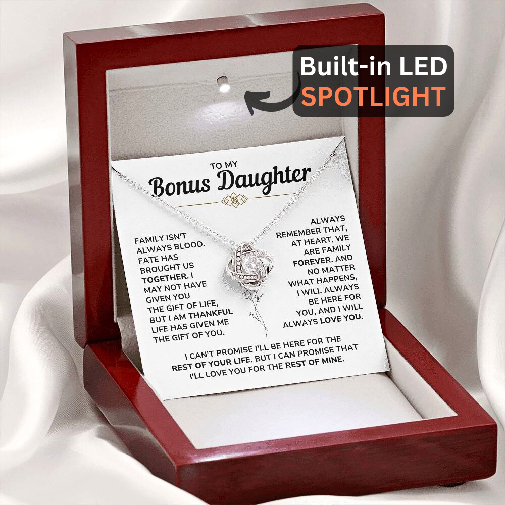 To My Bonus Daughter - "My Family Forever" Love Knot Necklace Gift Set